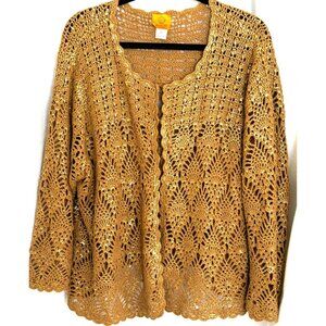 Tan Chrocheted Open Knit Cardigan/Coverup, w/Gold Luminescent Sweater, Size 2X.